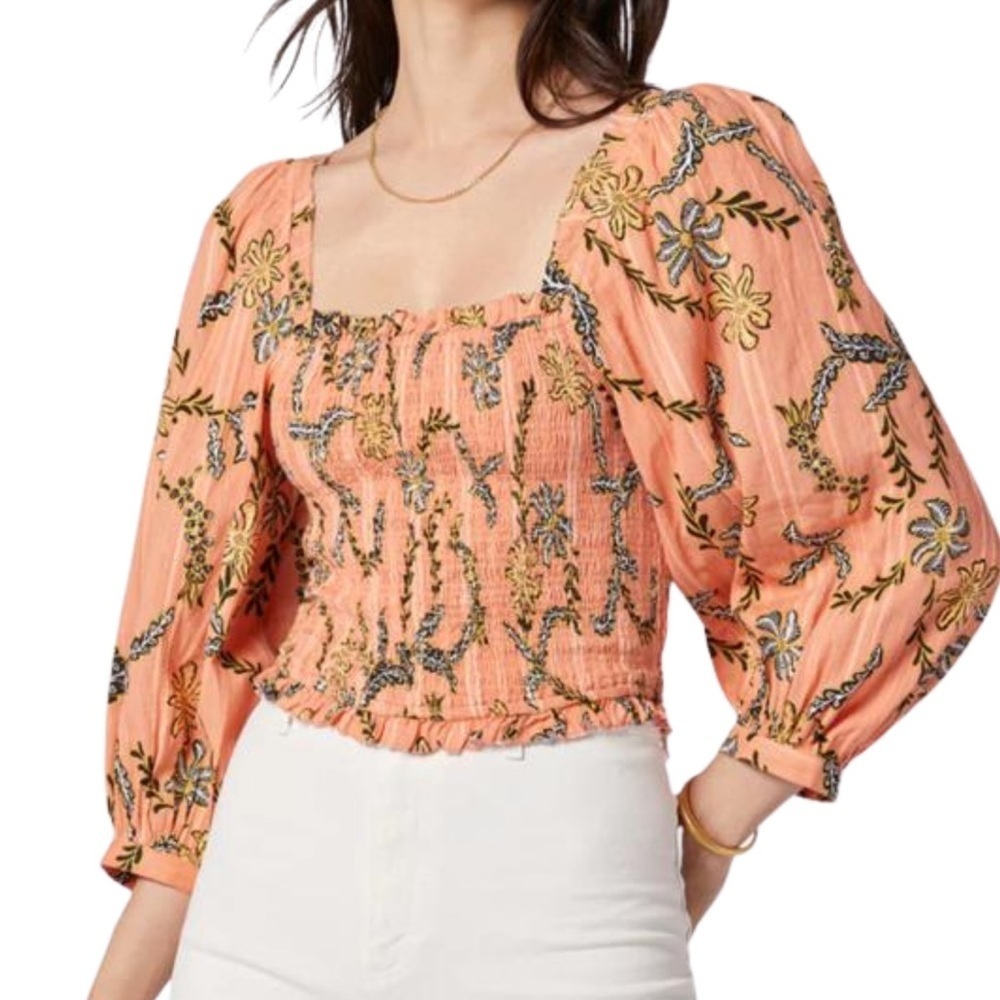 JOlE NWT Bension Peach Floral Print Square Neck 3/4 Sleeve Smocked Cotton Top
